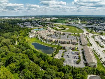 An aerial view of a parking lot